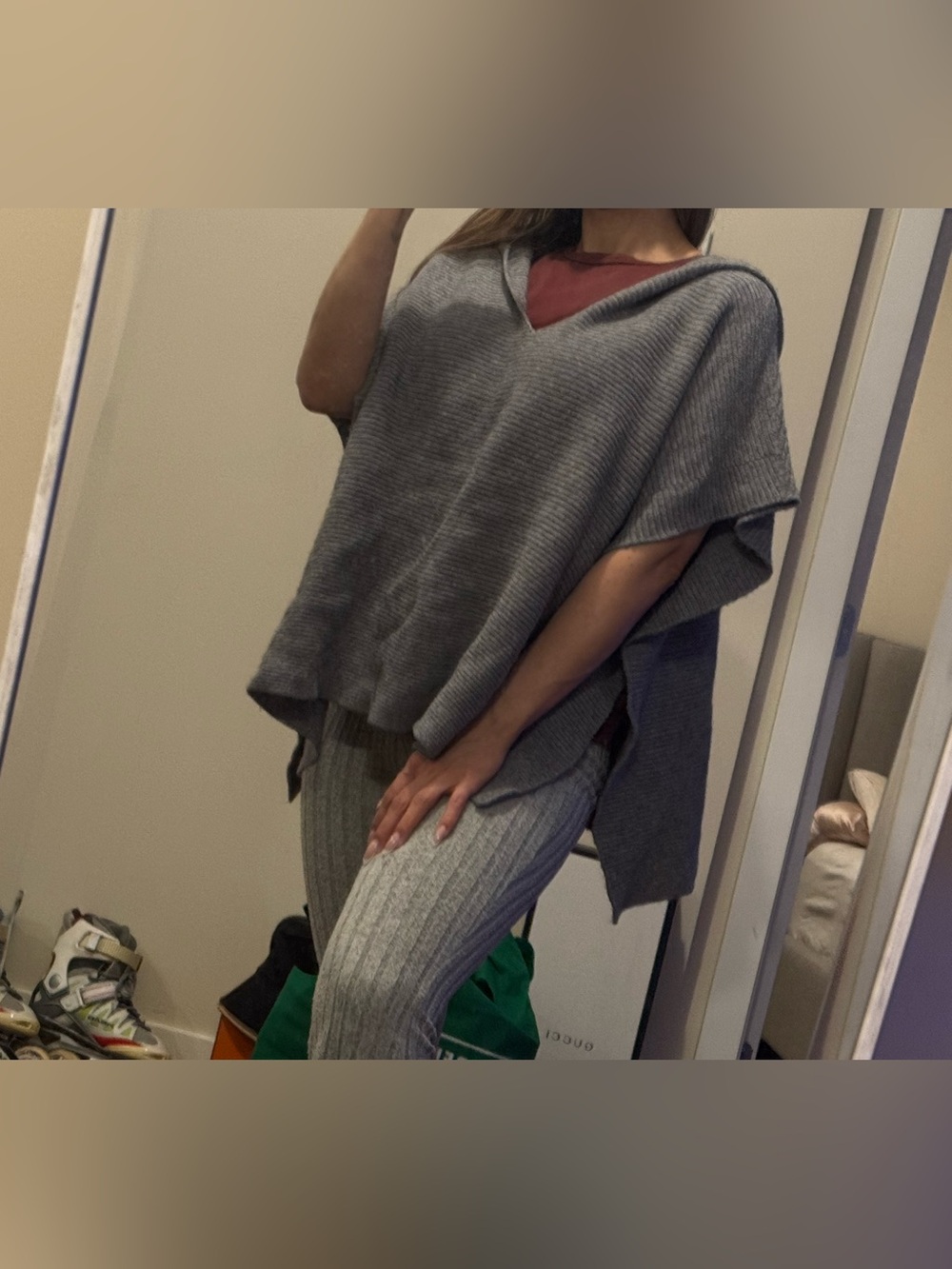 Gray Ribbed Knit Poncho Sweater - Women's Cozy Layer